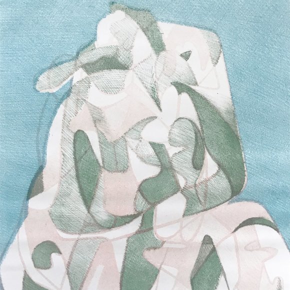 Blue Green Peach Figural Abstract Expressionist Silkscreen Print Art - Picture 3 of 4